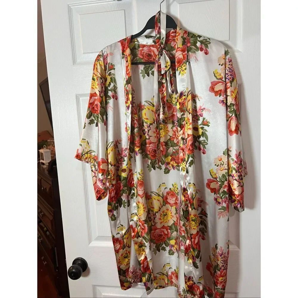 Floral Satin Kimono Robe Cover Up Tie Front One Size